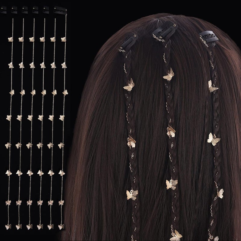 NICENEEDED 6Pcs Long Tassel Hair Chains for Braids Gold Butterfly Jewelry Hair Clips Chains 196 Inch Long Hair Barrettes Extensions Hair Accessories for Women Girls Daily Wear