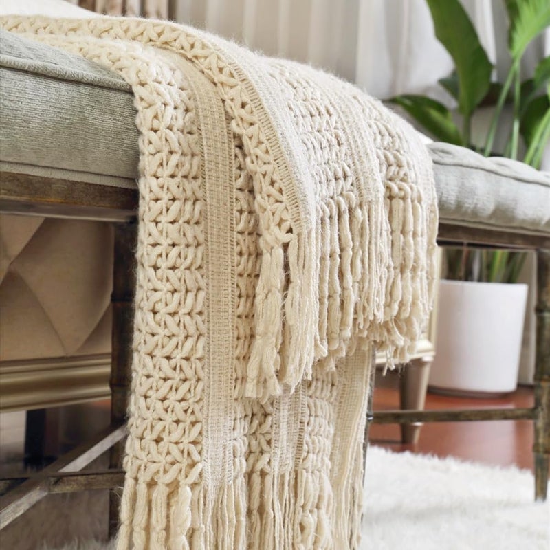 CREVENT Home Decor Farmhouse Couch Sofa Chair Bed Throw Blanket, Soft Warm Cozy Light Weight for Travelling (50''X60'' Beige/Ivory) - Image 2