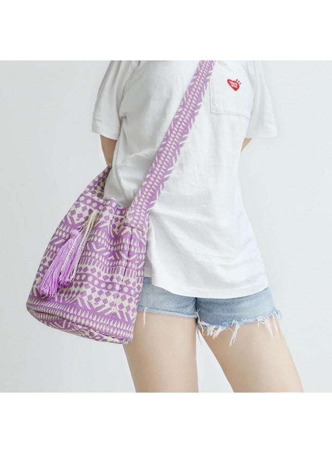 QTKJ Canvas Crossbody Bags for Women, Tassels Drawstring Bucket Bag, Bohemian Handbag, Purple Tote Bag Large Capacity Travel Shoulder Bag for Vacation Travel Daily Matching - Image 4
