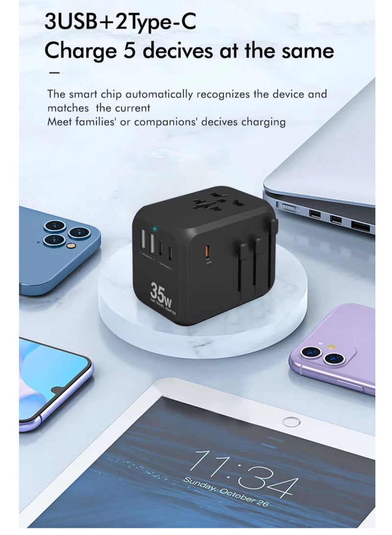 Vera Collect Universal GaN Travel Adapter, 35W International Power Adapter with 2 USB-A & 3 USB-C Ports PD Wall Charger - Worldwide Travel Essentials, European Travel Plug Adapter for UK/US/AU - Image 3