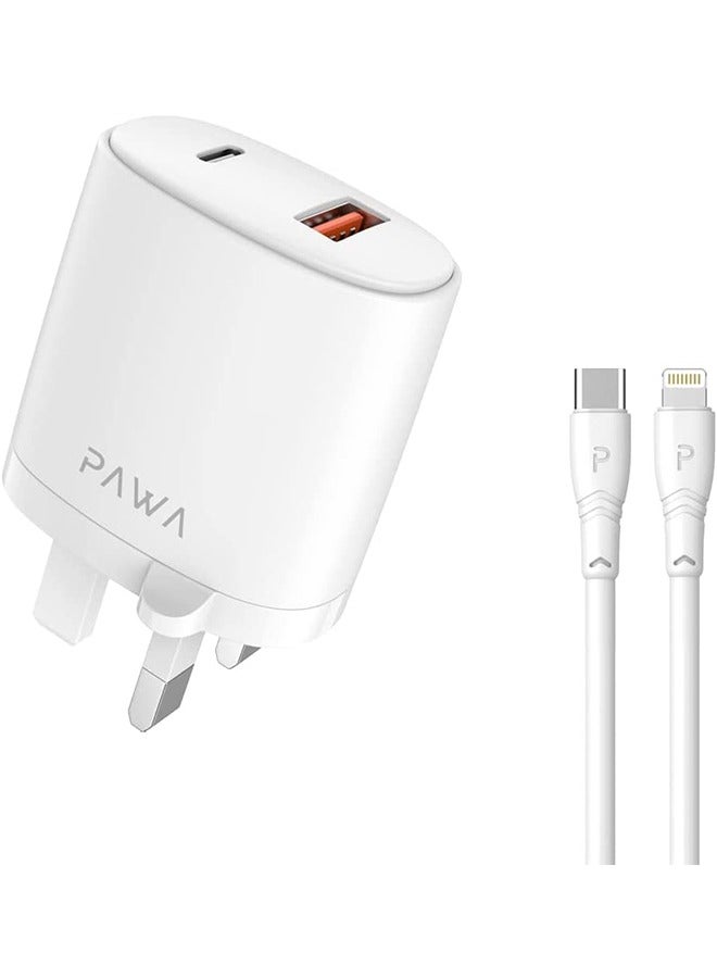 Pawa Dual Port Wall Charger PD + QC3.0 20W UK with Type-C to Lightning Cable - White - Image 1