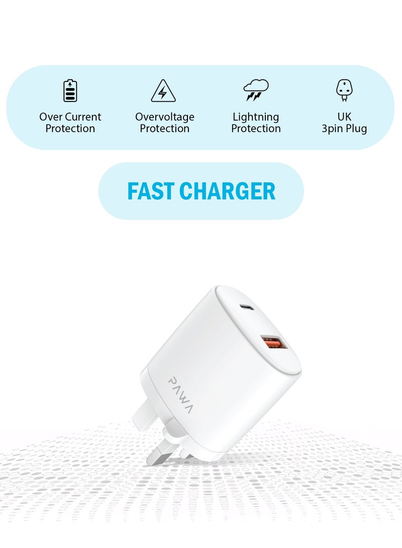 Pawa Dual Port Wall Charger PD + QC3.0 20W UK with Type-C to Lightning Cable - White - Image 4