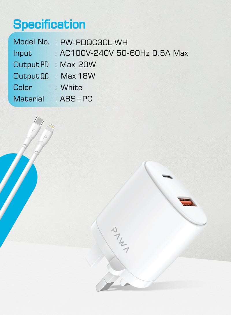 Pawa Dual Port Wall Charger PD + QC3.0 20W UK with Type-C to Lightning Cable - White - Image 3