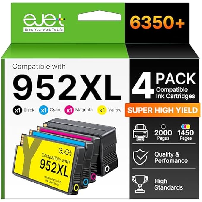952XL INK CARTRIDGES COMBO PACK HIGH PAGE YIELD (4-PACK) COMPATIBLE FOR HP 952XL INK CARTRIDGES COMBO PACK | WORKS OFFIC PRO 8702 8710 8720 8210 7740 7720BLACK CYAN MAGENTA YELLOW | N9K28AN - Image 1