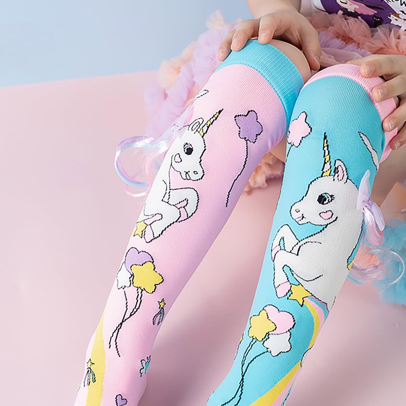 Bibalabili Crazy Socks for Kids - Cute Girls Knee High Silly Socks Fun Madmia Style Colorful Cute Animal Knee High Socks (Cute Unicorn) - Image 2