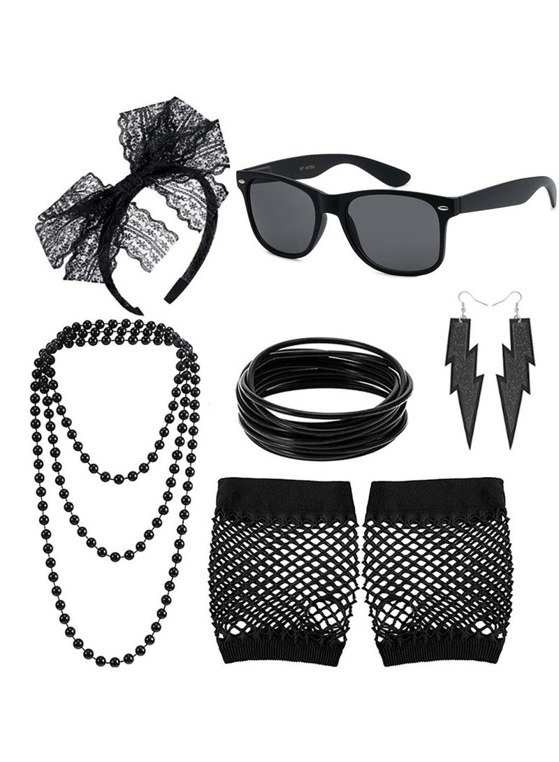 CMGTYYD 80s Accessories Costumes,6 Pcs 1980s Vintage Fancy Style Neon Dresses Party Sets,Lace Bow Headband,Earrings,Fishnet Gloves,Sunglasses,Long Necklace,Round Bracelets for Women Girls-Black  - Image 1