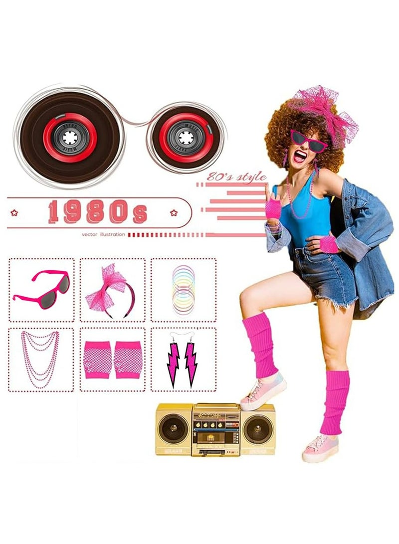 CMGTYYD 80s Accessories Costumes,6 Pcs 1980s Vintage Fancy Style Neon Dresses Party Sets,Lace Bow Headband,Earrings,Fishnet Gloves,Sunglasses,Long Necklace,Round Bracelets for Women Girls-Black  - Image 2