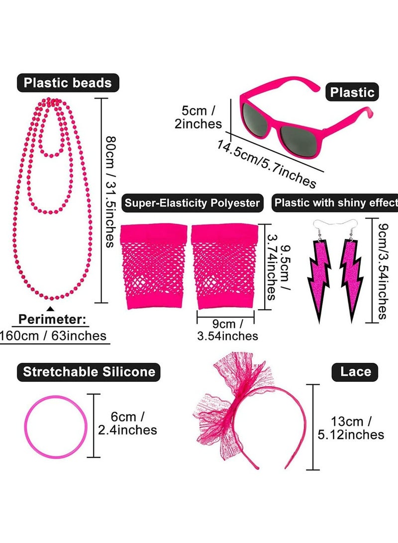 CMGTYYD 80s Accessories Costumes,6 Pcs 1980s Vintage Fancy Style Neon Dresses Party Sets,Lace Bow Headband,Earrings,Fishnet Gloves,Sunglasses,Long Necklace,Round Bracelets for Women Girls-Black  - Image 4