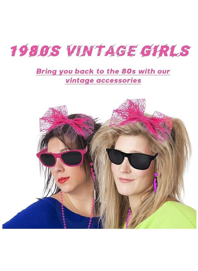 CMGTYYD 80s Accessories Costumes,6 Pcs 1980s Vintage Fancy Style Neon Dresses Party Sets,Lace Bow Headband,Earrings,Fishnet Gloves,Sunglasses,Long Necklace,Round Bracelets for Women Girls-Black  - Image 5
