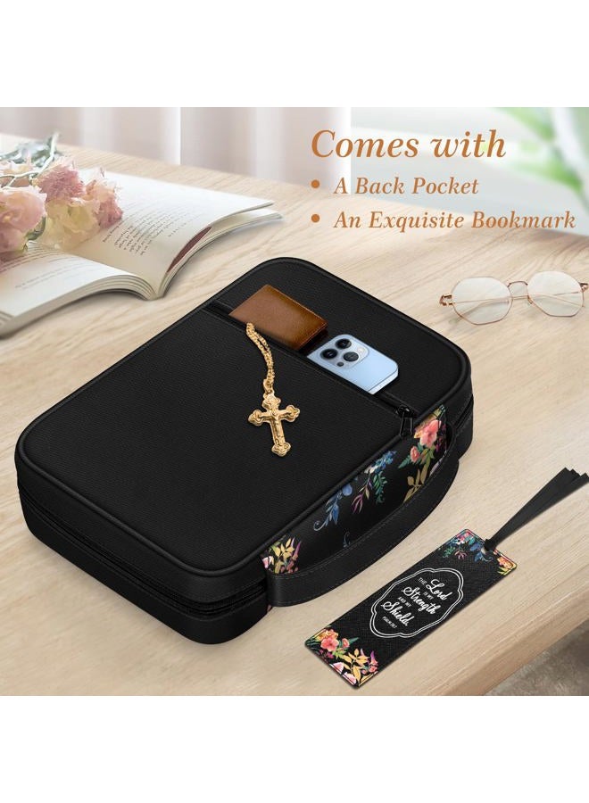 FINPAC Floral Bible Cover w/A Bookmark, Carrying Book Case Church Bag Bible Protective with Handle and Zippered Back Pocket for Adults Lady Women Mother, Black - Image 3