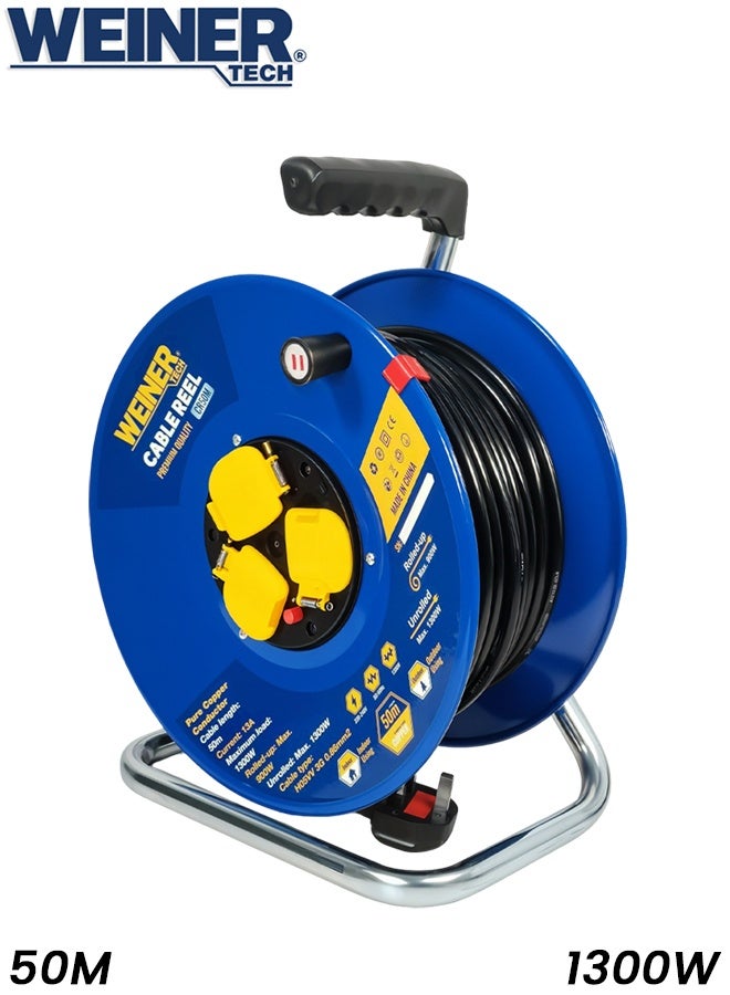 Winner WEINER TECH CR50M Cable Reel 50M Extension Power Cord | Pure Copper Conductor | 13A Current | 1300W Max Load | 220-240V | H05VV 3G 0.86mm² Cable | Indoor & Outdoor Use | Heavy Duty Portable Electric Cable Drum with Handle and Stand - Image 1