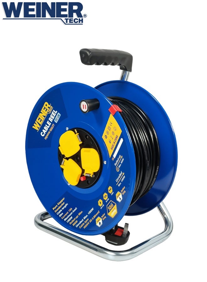 Winner WEINER TECH CR50M Cable Reel 50M Extension Power Cord | Pure Copper Conductor | 13A Current | 1300W Max Load | 220-240V | H05VV 3G 0.86mm² Cable | Indoor & Outdoor Use | Heavy Duty Portable Electric Cable Drum with Handle and Stand - Image 2