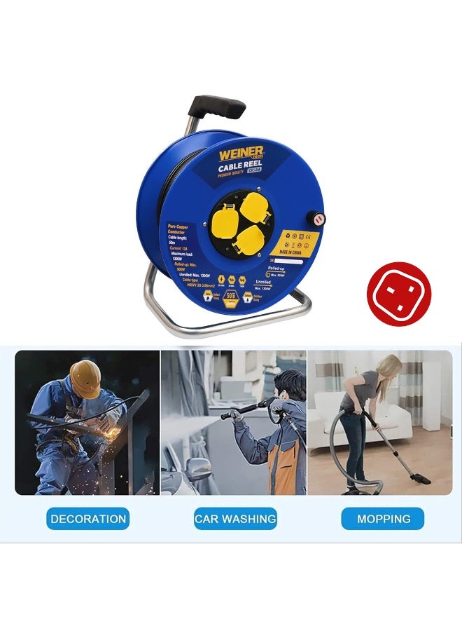 Winner WEINER TECH CR50M Cable Reel 50M Extension Power Cord | Pure Copper Conductor | 13A Current | 1300W Max Load | 220-240V | H05VV 3G 0.86mm² Cable | Indoor & Outdoor Use | Heavy Duty Portable Electric Cable Drum with Handle and Stand - Image 3