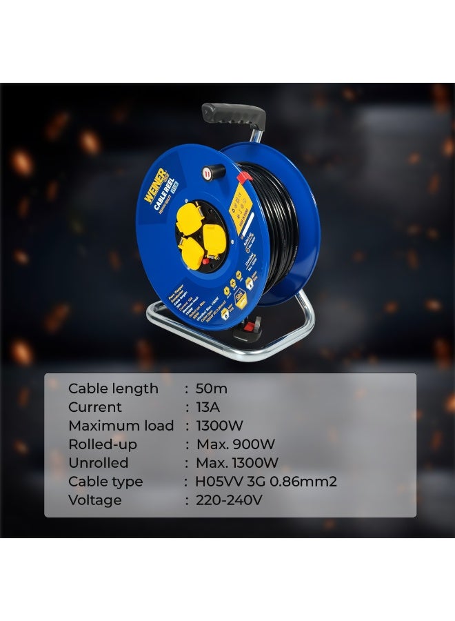 Winner WEINER TECH CR50M Cable Reel 50M Extension Power Cord | Pure Copper Conductor | 13A Current | 1300W Max Load | 220-240V | H05VV 3G 0.86mm² Cable | Indoor & Outdoor Use | Heavy Duty Portable Electric Cable Drum with Handle and Stand - Image 5