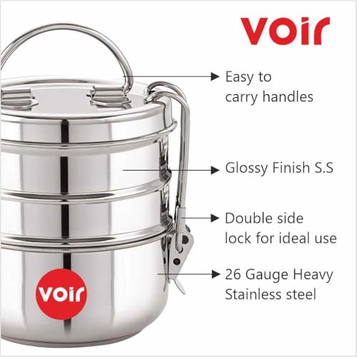 Voir Stainless Steel Lunch Box/Tiffin with Locking Clip, Hot & Cold, Compact & Durable, Perfect for Office, School, Picnic and Travel use (3 Tier - 1200ml Capacity) - Image 3
