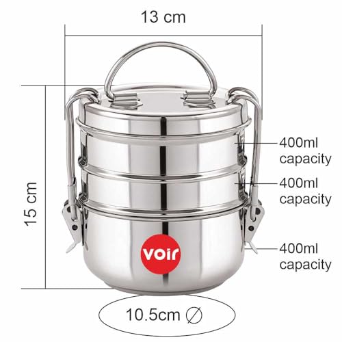 Voir Stainless Steel Lunch Box/Tiffin with Locking Clip, Hot & Cold, Compact & Durable, Perfect for Office, School, Picnic and Travel use (3 Tier - 1200ml Capacity) - Image 2