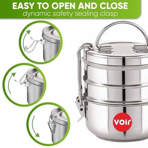 Voir Stainless Steel Lunch Box/Tiffin with Locking Clip, Hot & Cold, Compact & Durable, Perfect for Office, School, Picnic and Travel use (3 Tier - 1200ml Capacity) - Image 4