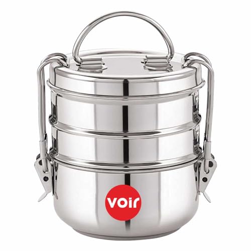 Voir Stainless Steel Lunch Box/Tiffin with Locking Clip, Hot & Cold, Compact & Durable, Perfect for Office, School, Picnic and Travel use (3 Tier - 1200ml Capacity) - Image 1
