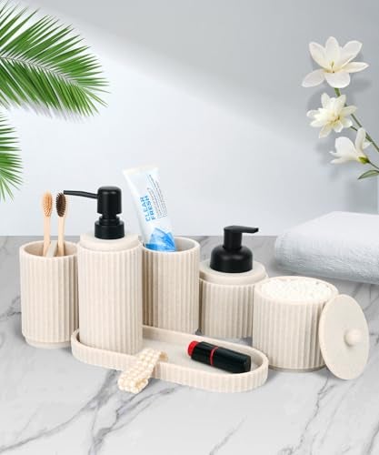 Deobath Beige Bathroom Accessory Set - 6 Pcs: Toothbrush Holder, Lotion & Foaming Soap Dispensers, Qtip Holder, Vanity Tray, Bathroom Tumbler - Countertop Organizer - Image 5