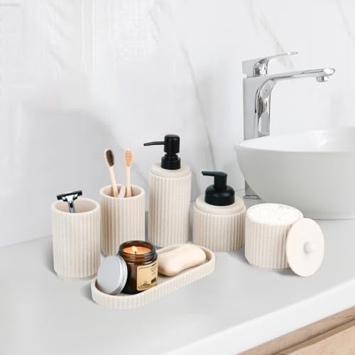 Deobath Beige Bathroom Accessory Set - 6 Pcs: Toothbrush Holder, Lotion & Foaming Soap Dispensers, Qtip Holder, Vanity Tray, Bathroom Tumbler - Countertop Organizer - Image 4