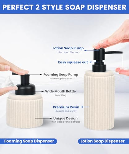 Deobath Beige Bathroom Accessory Set - 6 Pcs: Toothbrush Holder, Lotion & Foaming Soap Dispensers, Qtip Holder, Vanity Tray, Bathroom Tumbler - Countertop Organizer - Image 2