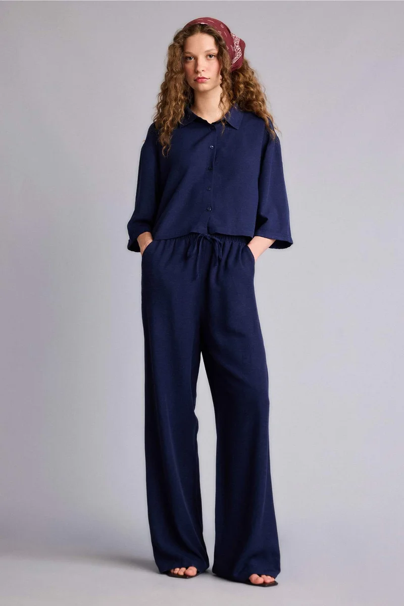 ديفاكتو Oversize Shirt Collar Linen Blended Short Sleeve Shirt
