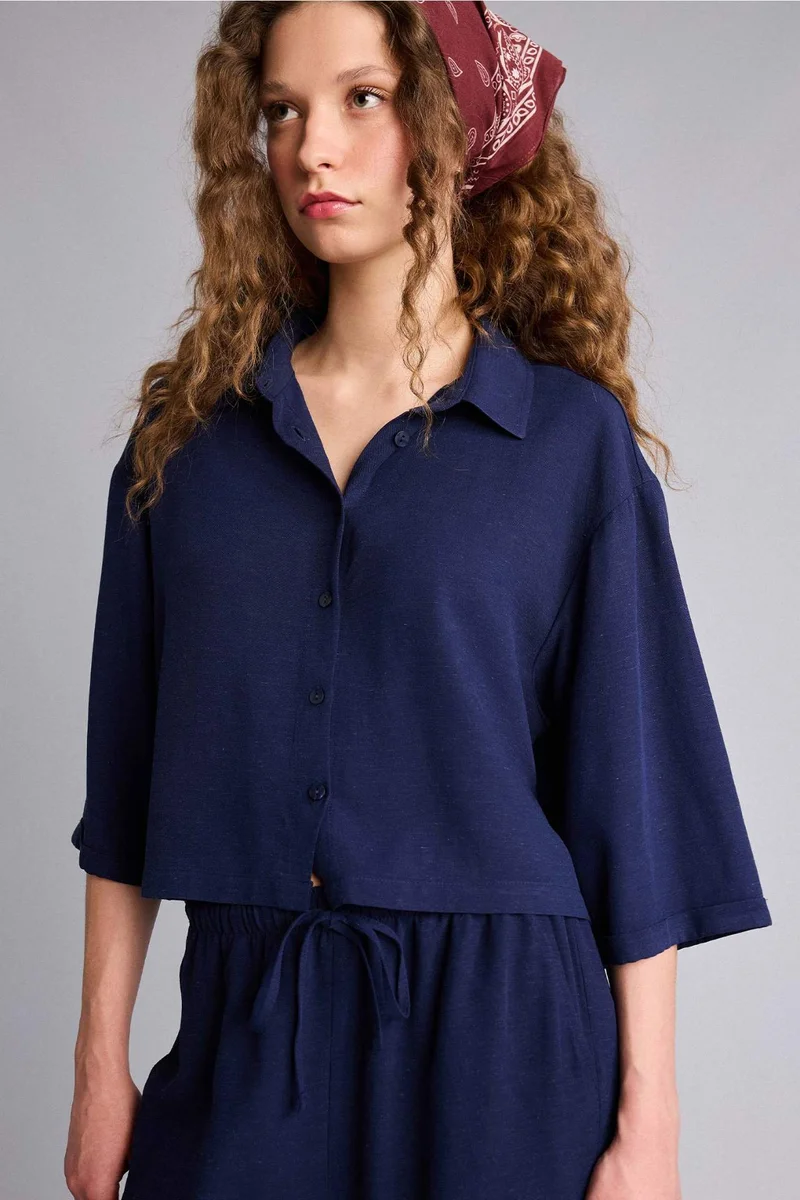 ديفاكتو Oversize Shirt Collar Linen Blended Short Sleeve Shirt