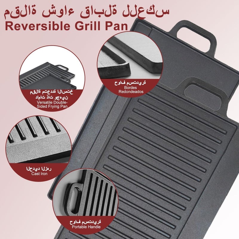 Reversible Cast Iron Griddle, Pre-Seasoned Reversible Grill Pan Plate with Handles, Double Sided Baking Tray Induction Stove Top Campfire Portable Black Rock BBQ Grill for Oven Gas Hob Indoor Outdoor - Image 2