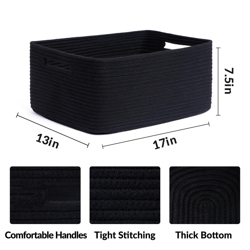 MiniArk Large Storage Baskets for Shelves, Closet Organizers Bins for Clothes Blanket Towels, Baby Nursery, Toy Baskets Box, Woven Rope Baskets, 17 x 13 x 7.5â€, 3 Packs Black - Image 2
