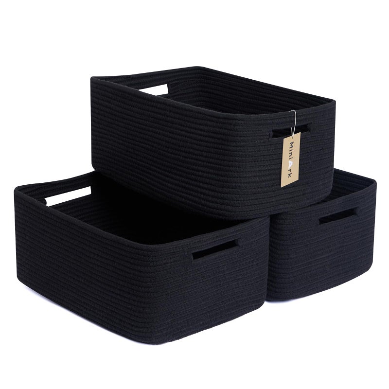 MiniArk Large Storage Baskets for Shelves, Closet Organizers Bins for Clothes Blanket Towels, Baby Nursery, Toy Baskets Box, Woven Rope Baskets, 17 x 13 x 7.5â€, 3 Packs Black - Image 1