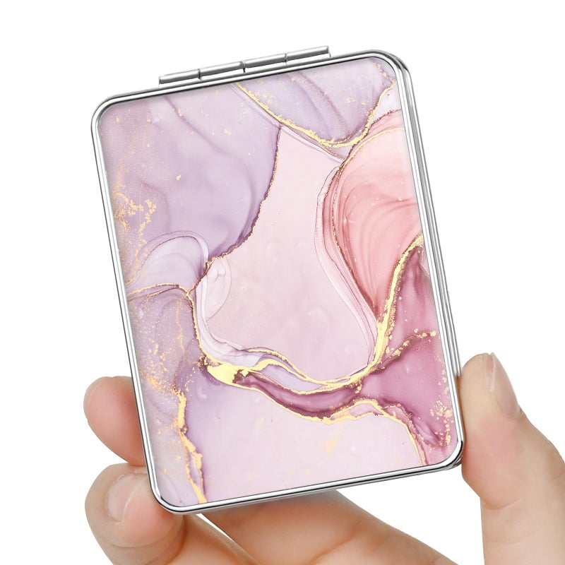 dcdcee Pocket Mirror, Small Travel Mirror with Magnification, Portable Double-Sided Magnifying Cosmetic Mirror for Daily (Pink Marble) - Image 1