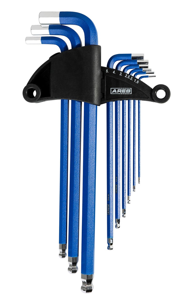 ARES 701659Piece Metric Long Arm Ball End Hex Key Wrench Set Chrome Finish with Blue High Visibility AntiSlip Coating Convenient Storage Case Included