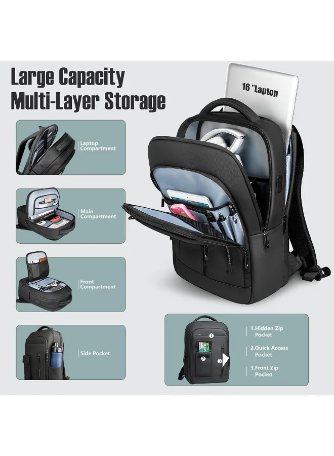 موبكوس حقيبة ظهر موبكوس سوداء 8966، حقيبة ظهر فاخرة مقاومة للماء ومضادة للسرقة للكمبيوتر المحمول مع منفذ شحن USB - حقيبة ظهر أكسفورد للسفر والعمل للرجال والنساء، حقيبة عمل وجامعة رفيعة وخفيفة الوزن