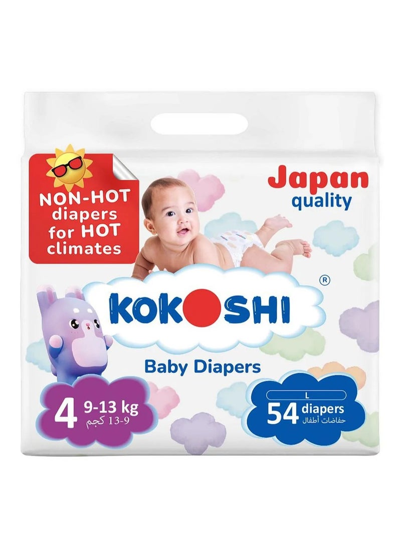 Kokoshi Eco-Friendly Size 4 Hypoallergenic Baby Tape Style Diapers 54 Pieces - Leakproof Softness Japan Quality, 9-13kg