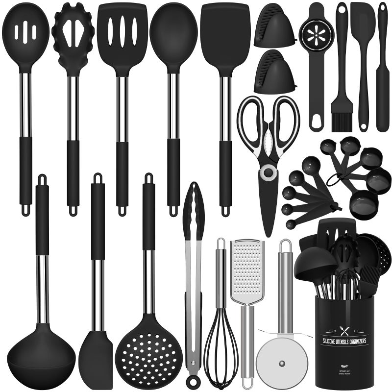 Silicone Cooking Utensils Set  446F Heat Resistant Kitchen Utensils 30PCS NonStick Kitchen Utensils Spatula Set with Holder Stainless Steel Handle Kitchen Gadgets Utensil Set Black