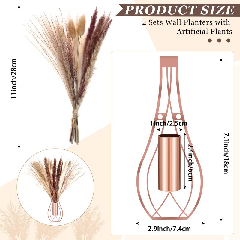 Otoolling 2 Pcs Boho Wall Decor Metal Wall Art Hanging Planter with Artificial Pampas Wall-Mounted Modern Home Decor Display Artwork Plant Hanging Vase for Bedroom Living Room Bathroom (Rose Gold) - Image 2