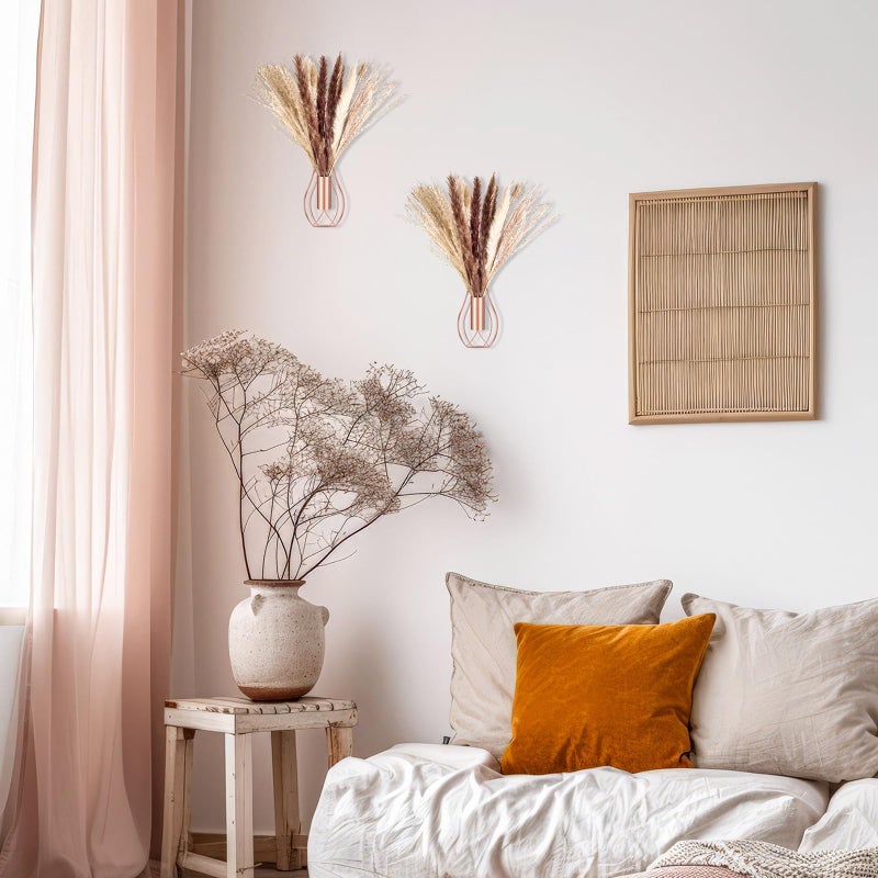 Otoolling 2 Pcs Boho Wall Decor Metal Wall Art Hanging Planter with Artificial Pampas Wall-Mounted Modern Home Decor Display Artwork Plant Hanging Vase for Bedroom Living Room Bathroom (Rose Gold) - Image 5