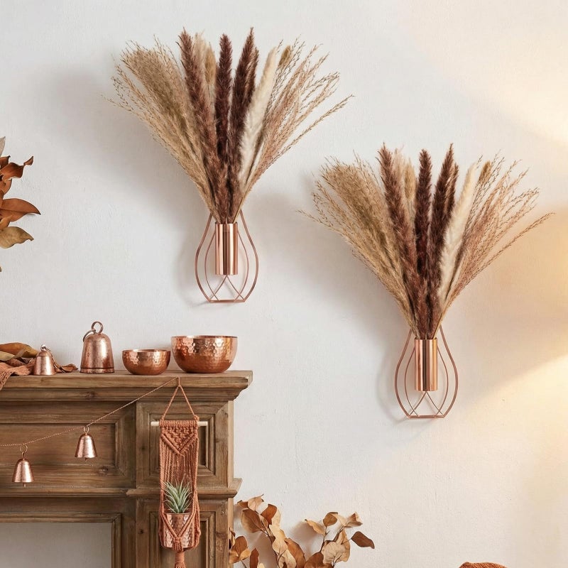 Otoolling 2 Pcs Boho Wall Decor Metal Wall Art Hanging Planter with Artificial Pampas Wall-Mounted Modern Home Decor Display Artwork Plant Hanging Vase for Bedroom Living Room Bathroom (Rose Gold) - Image 4