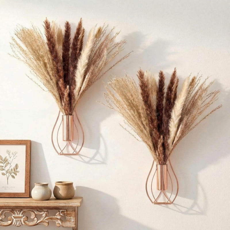 Otoolling 2 Pcs Boho Wall Decor Metal Wall Art Hanging Planter with Artificial Pampas Wall-Mounted Modern Home Decor Display Artwork Plant Hanging Vase for Bedroom Living Room Bathroom (Rose Gold) - Image 1
