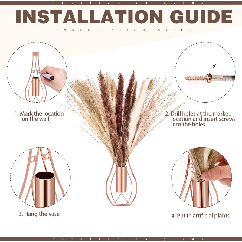 Otoolling 2 Pcs Boho Wall Decor Metal Wall Art Hanging Planter with Artificial Pampas Wall-Mounted Modern Home Decor Display Artwork Plant Hanging Vase for Bedroom Living Room Bathroom (Rose Gold) - Image 3