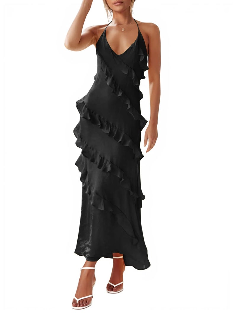 Wenrine Womens Sexy Chiffon Halter Maxi Dress Sleeveless Backless Ruffle Tassel Party Club Dresses Black - Image 4