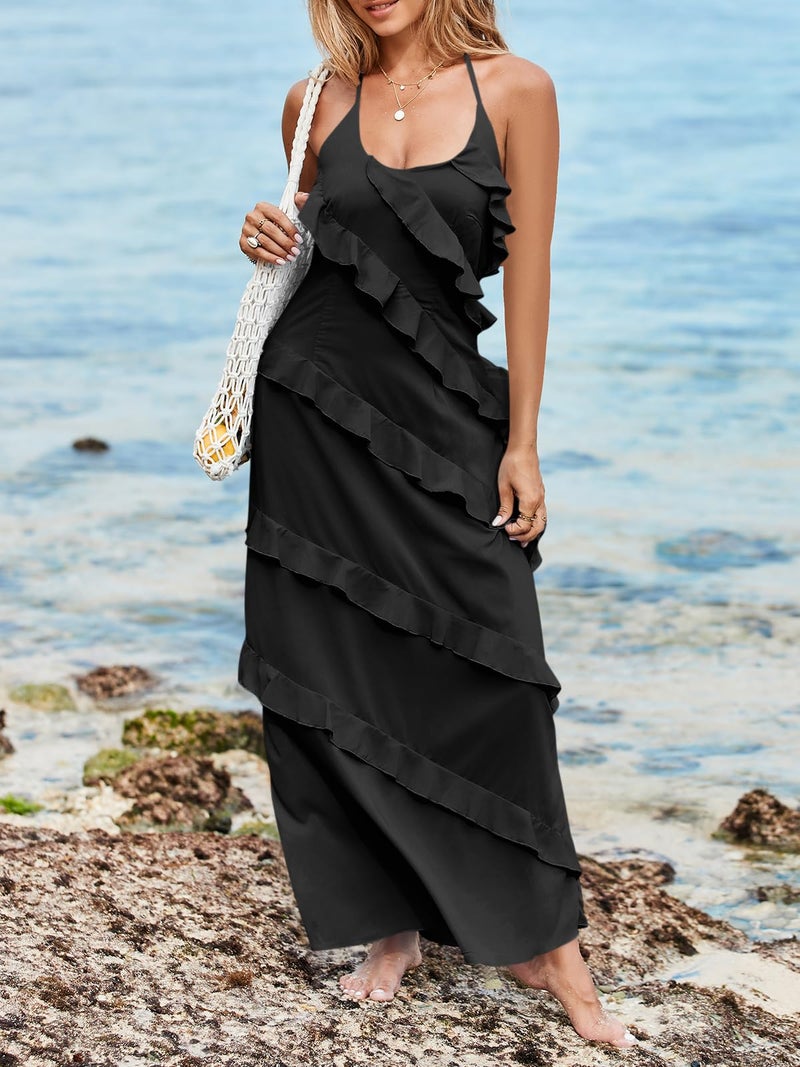 Wenrine Womens Sexy Chiffon Halter Maxi Dress Sleeveless Backless Ruffle Tassel Party Club Dresses Black - Image 3