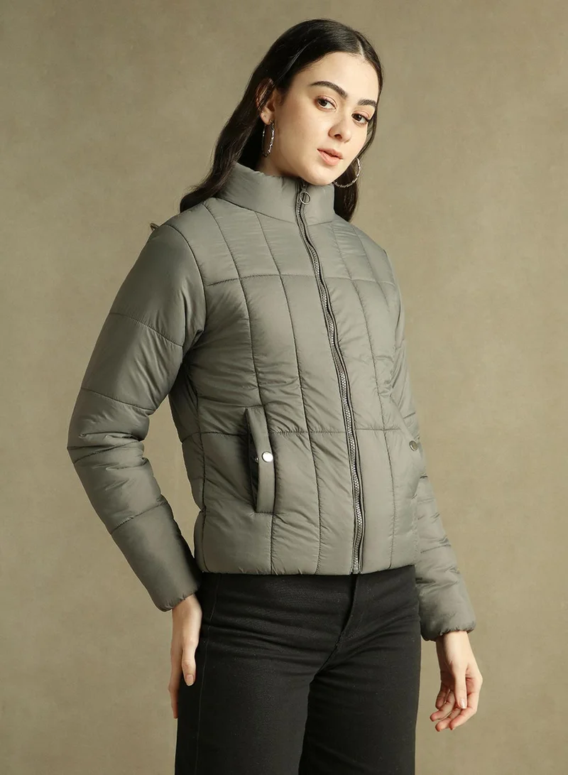 Dennis Lingo Women's Grey 100% Polyester Solid Regular Fit Jacket