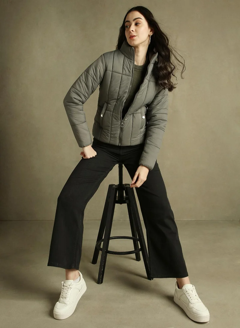 Dennis Lingo Women's Grey 100% Polyester Solid Regular Fit Jacket