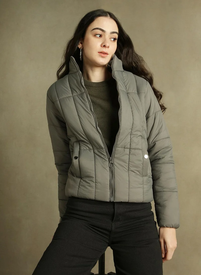 Dennis Lingo Women's Grey 100% Polyester Solid Regular Fit Jacket
