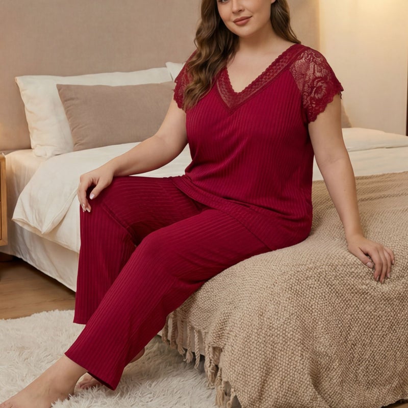 CME New Milk Silk Solid Vertical Stripe Plus Size Sleepwear Set for Women Summer V-Neck Lace Short Sleeve Loose Pants Home Wear - Image 1