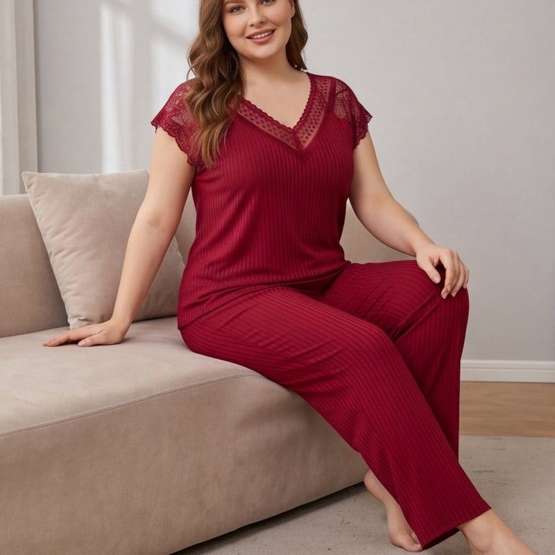 CME New Milk Silk Solid Vertical Stripe Plus Size Sleepwear Set for Women Summer V-Neck Lace Short Sleeve Loose Pants Home Wear - Image 2