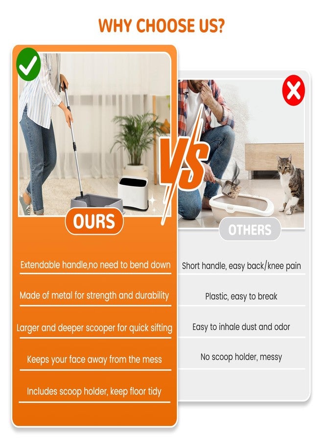 PETOCAT Metal Cat Litter Scoop with Holder, 43" Extendable Long Handle Cat Scooper for Litter Box, Solid & Durable, Deep Shovel for Fast Sifting, Large Pet Pooper Scooper for Kitty/Outside Dog Poop - Image 2
