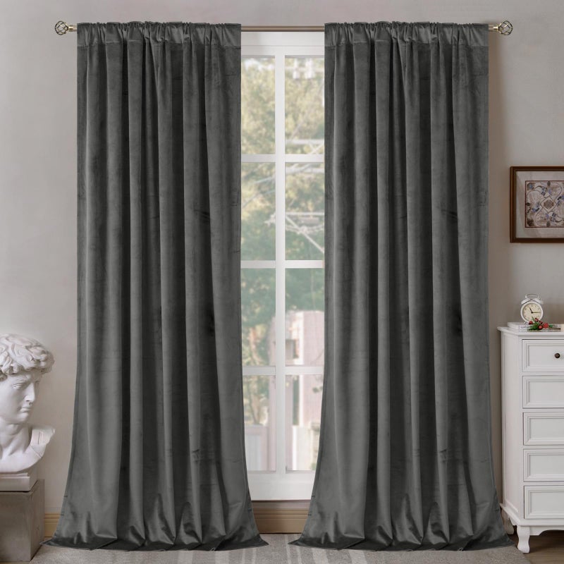 BGment Grey Velvet Curtains 90 Inches for Bedroom, Thermal Insulated Blackout Curtains Room Darkening Drapes with Back Tab and Rod Pocket for Living Room, Set of 2 Panels, 52 x 90 Inch - Image 2