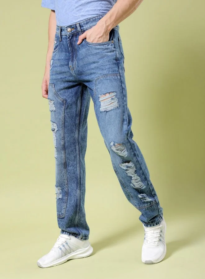 ذا انديان كراج كو Men Vintage Straight Fit Distressed Mid-Rise Jeans